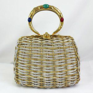 Vintage Woven Metal Roda Silver & Gold Tone Purse With Stone Handle Hadbag Glam